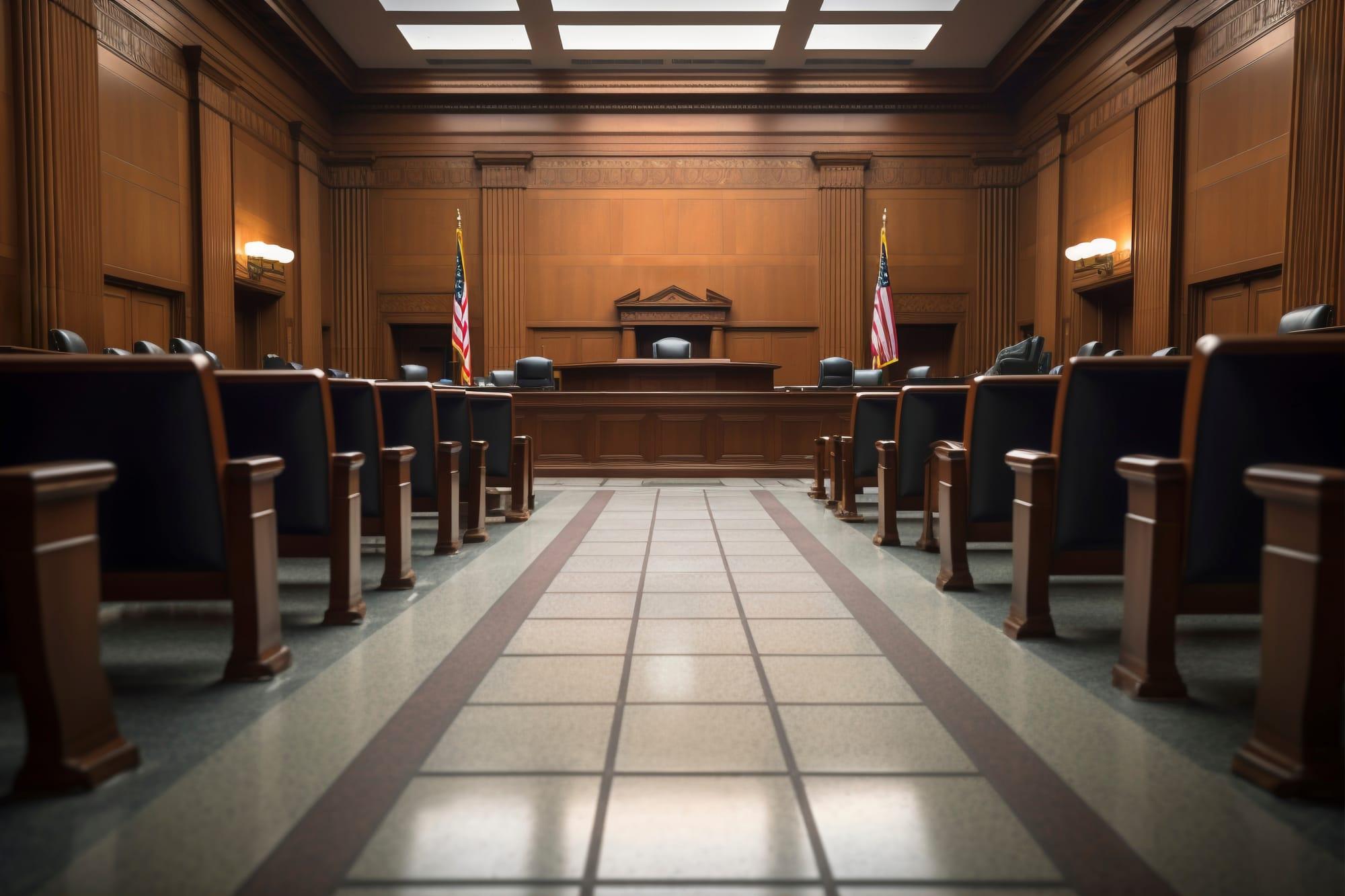 Courtroom highlighting Uniswap's challenge to the SEC's regulations on decentralized exchange and DeFi solutions.